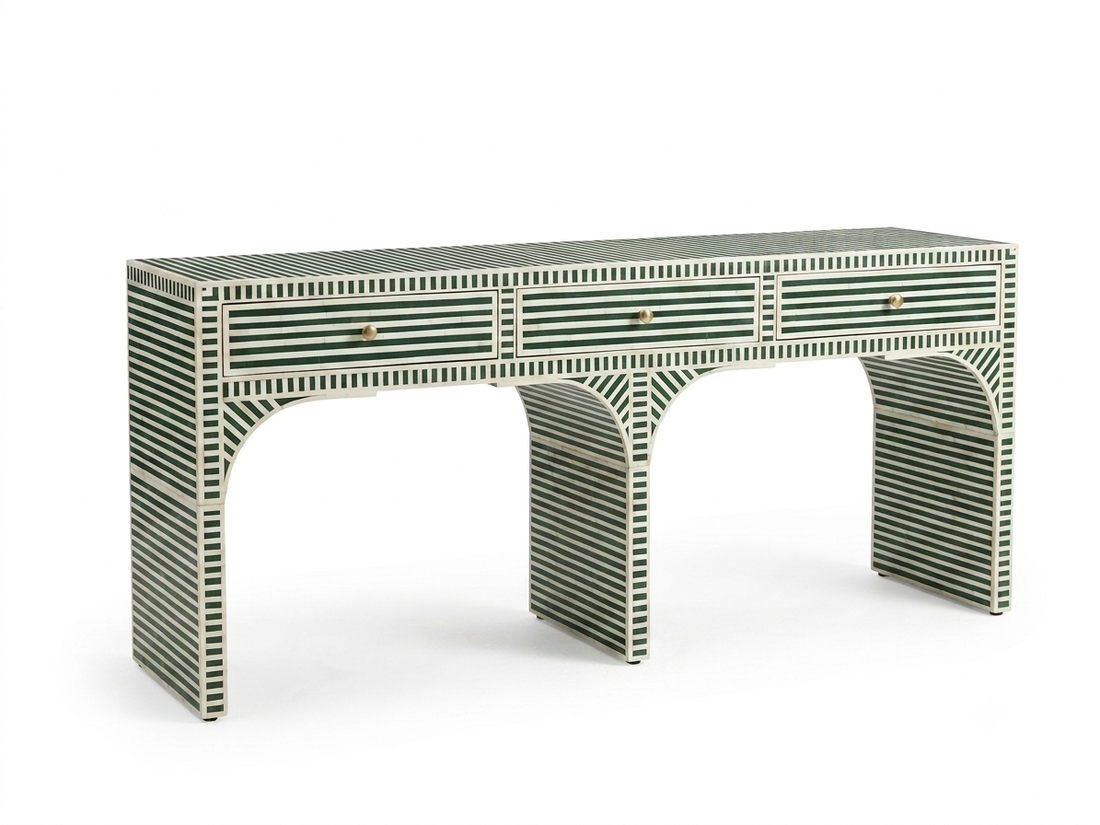 Bone Inlay Green & White 3 Drawer Console Table