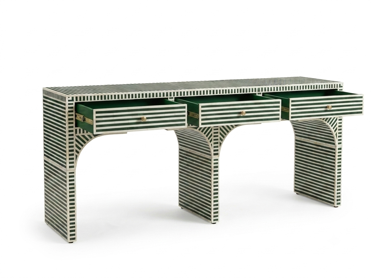 Bone Inlay Green & White 3 Drawer Console Table