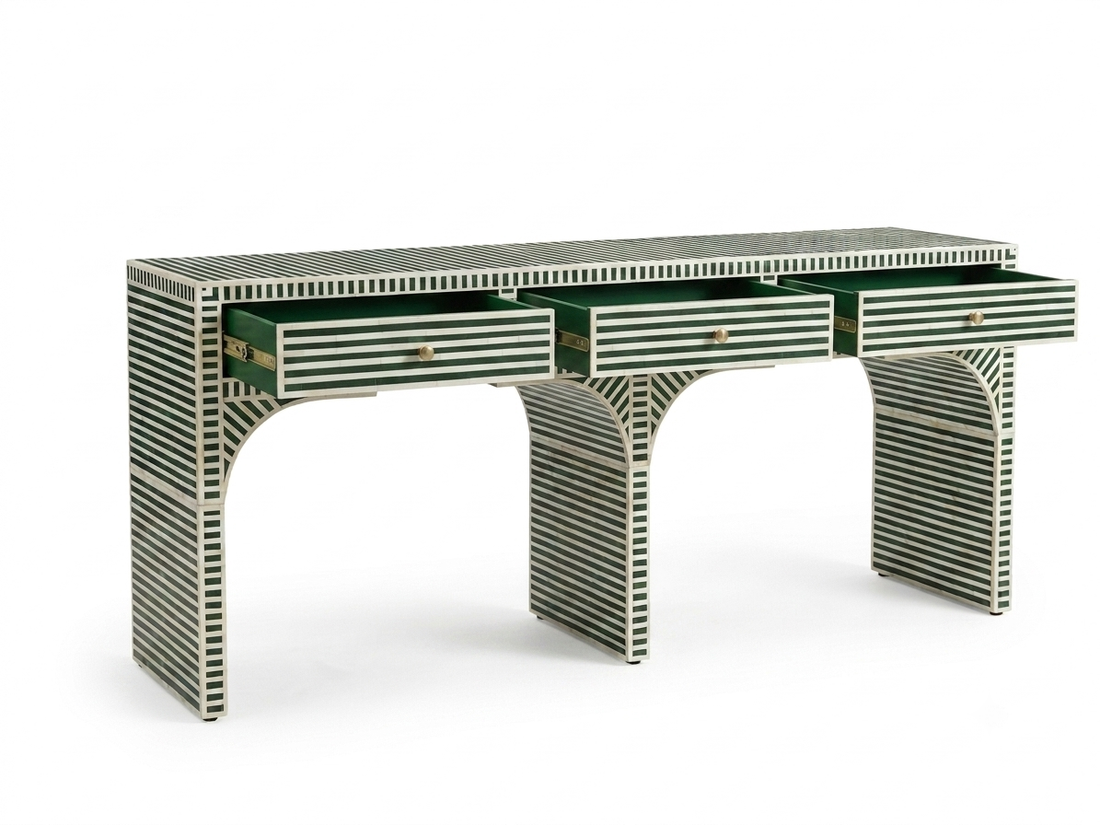 Bone Inlay Green & White 3 Drawer Console Table