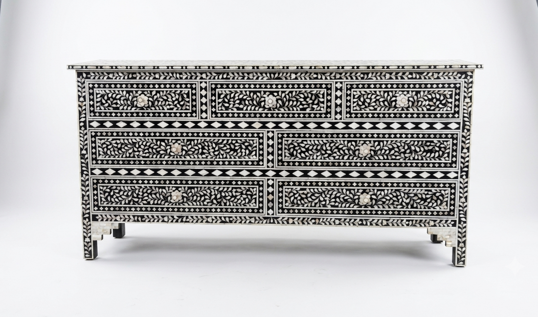 Mother of Pearl Inlay Black & White 7 Drawer Chest