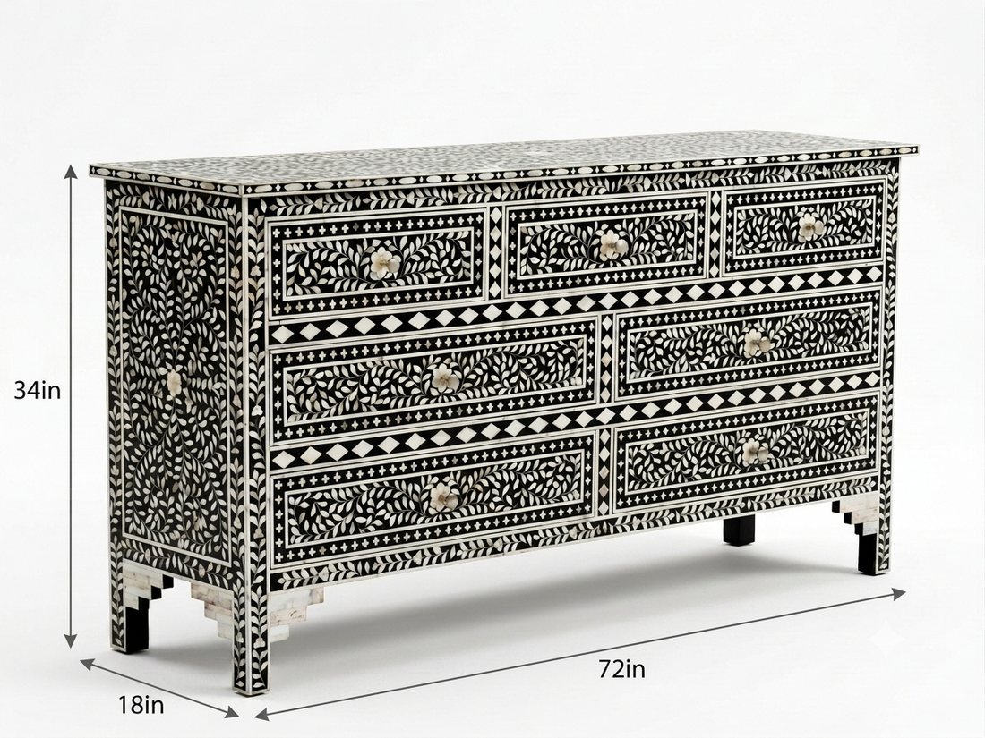 Mother of Pearl Inlay Black & White 7 Drawer Chest
