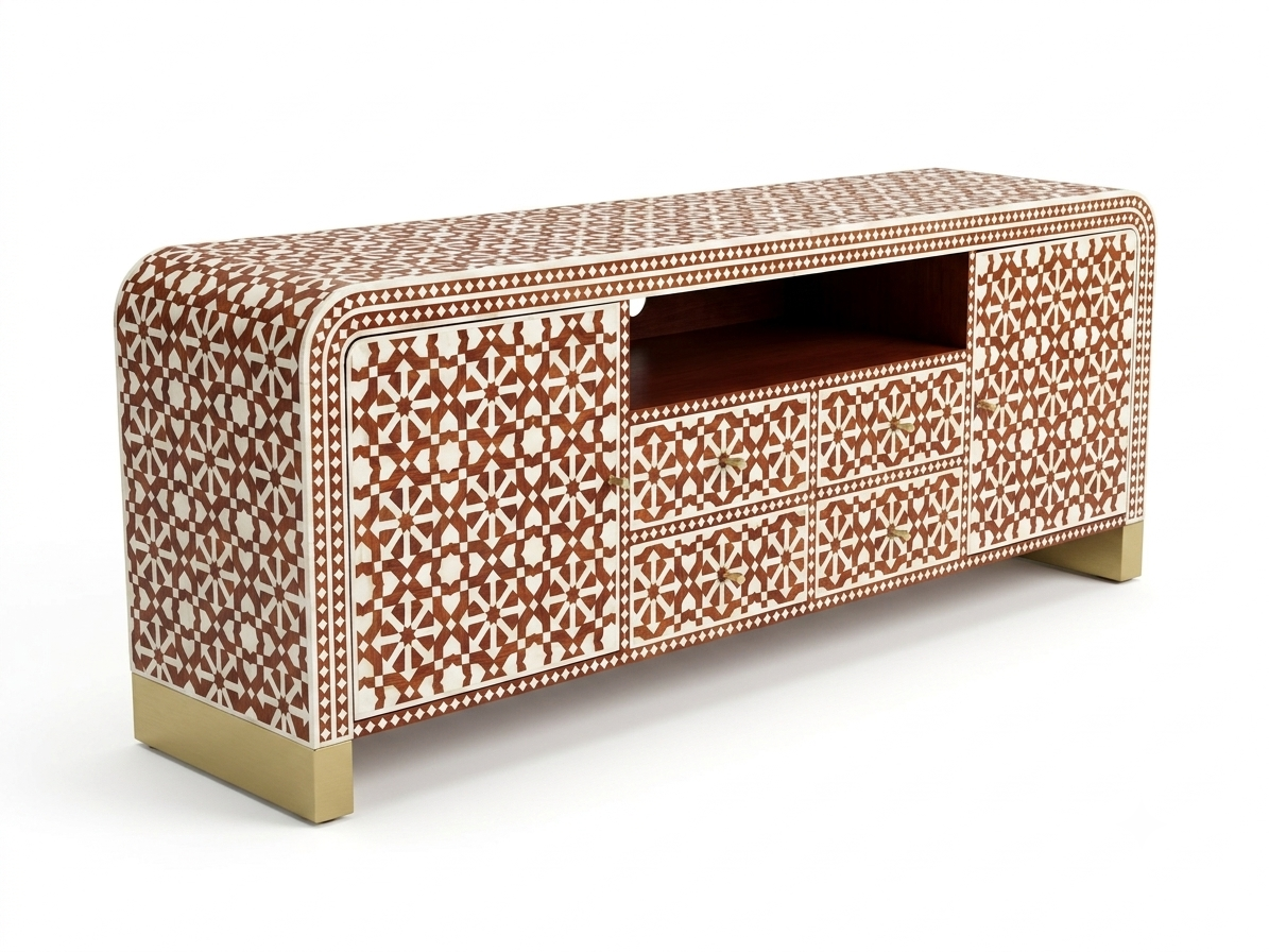 Bone Inlay Orange & White 4-Drawer 2-Door TV Unit Cabinet with Open Shelf