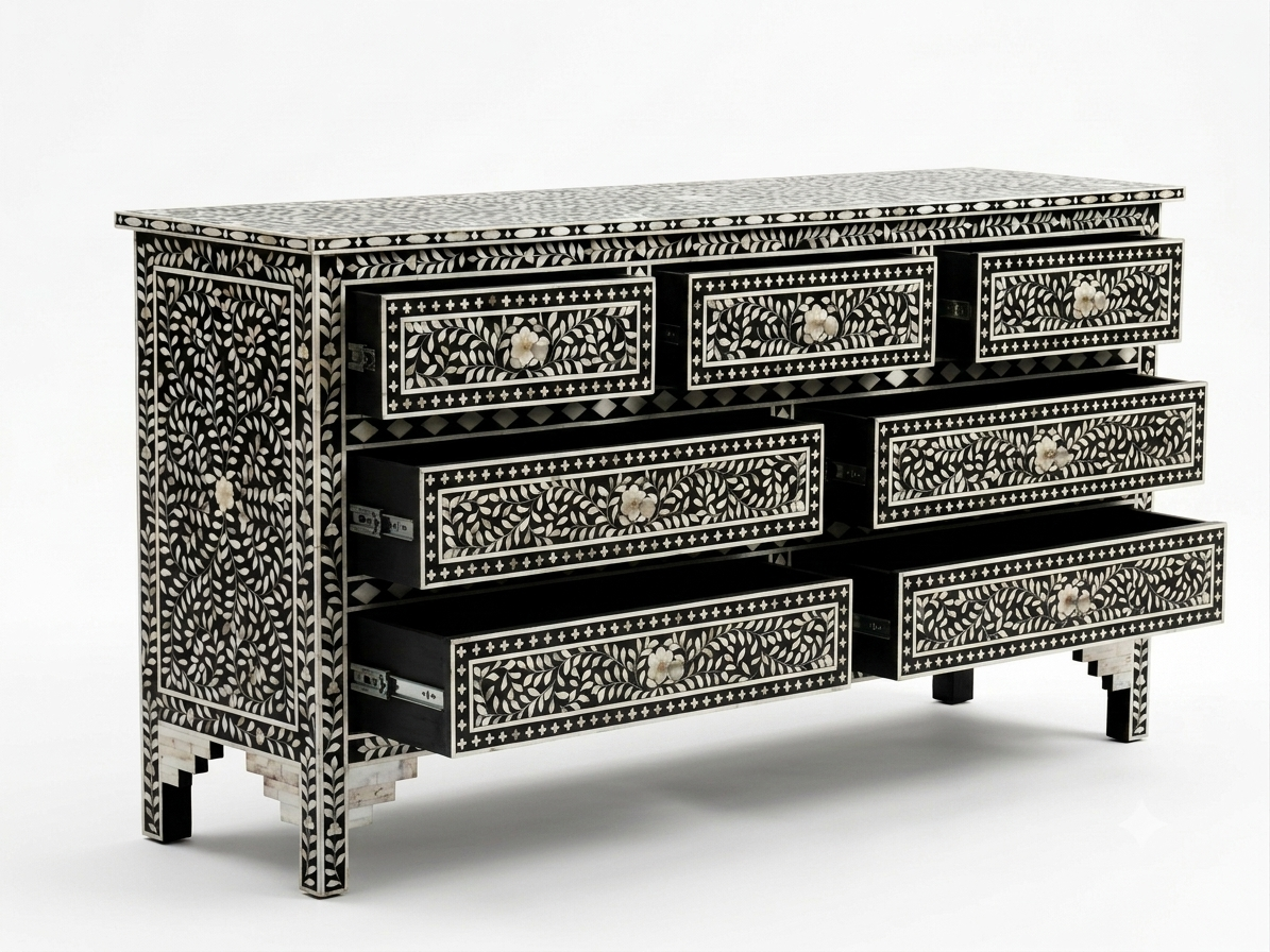 Mother of Pearl Inlay Black & White 7 Drawer Chest