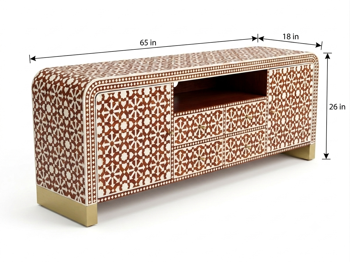 Bone Inlay Orange & White 4-Drawer 2-Door TV Unit Cabinet with Open Shelf