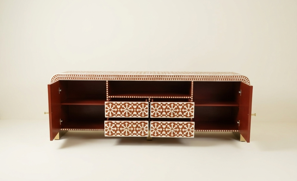 Bone Inlay Orange & White 4-Drawer 2-Door TV Unit Cabinet with Open Shelf