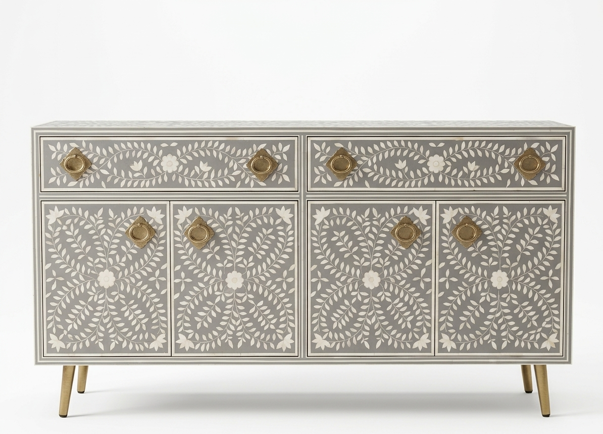 Grey Bone Inlay 2 Drawer 4 Door Buffet Cabinet with Brass Handles