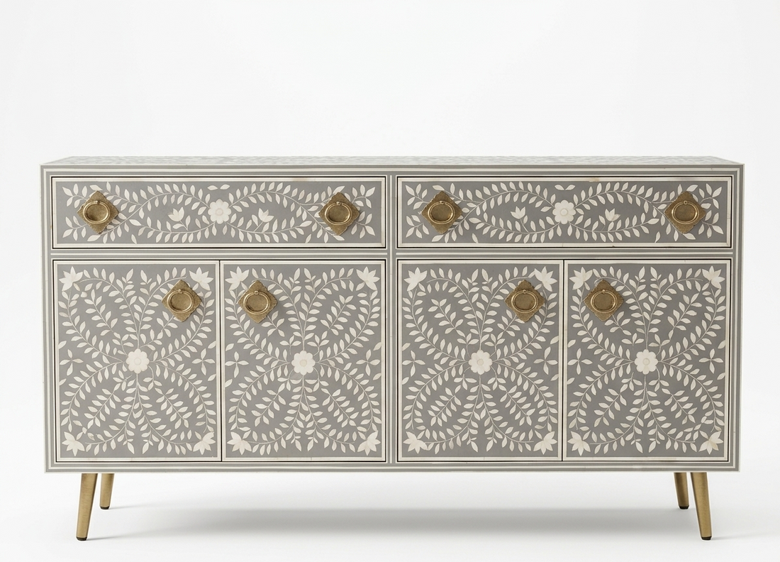 Grey Bone Inlay 2 Drawer 4 Door Buffet Cabinet with Brass Handles