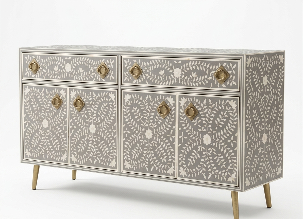 Grey Bone Inlay 2 Drawer 4 Door Buffet Cabinet with Brass Handles