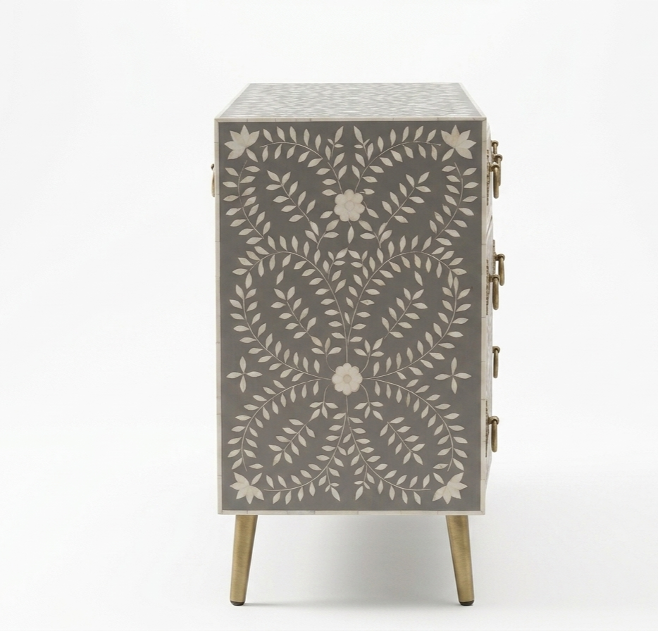Grey Bone Inlay 2 Drawer 4 Door Buffet Cabinet with Brass Handles