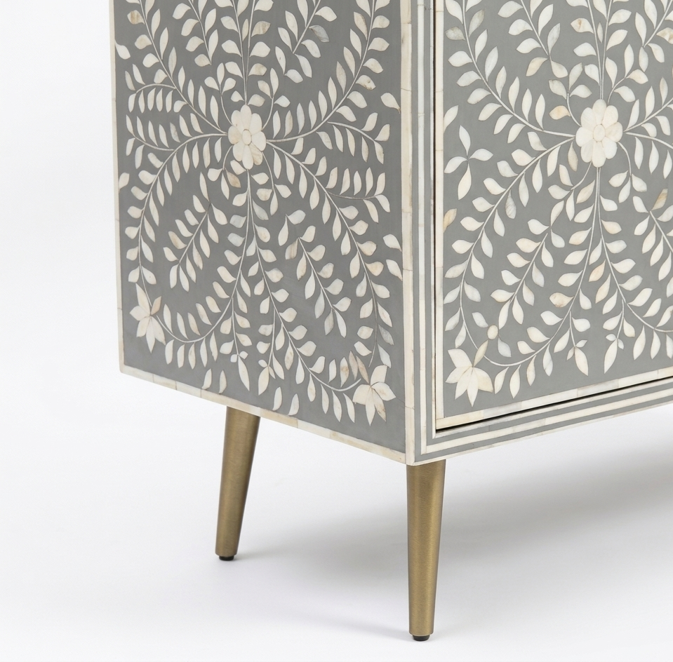 Grey Bone Inlay 2 Drawer 4 Door Buffet Cabinet with Brass Handles