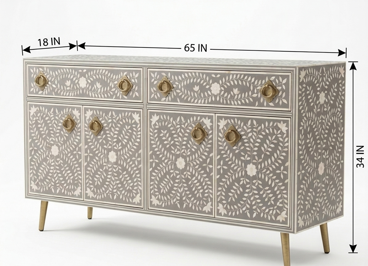 Grey Bone Inlay 2 Drawer 4 Door Buffet Cabinet with Brass Handles