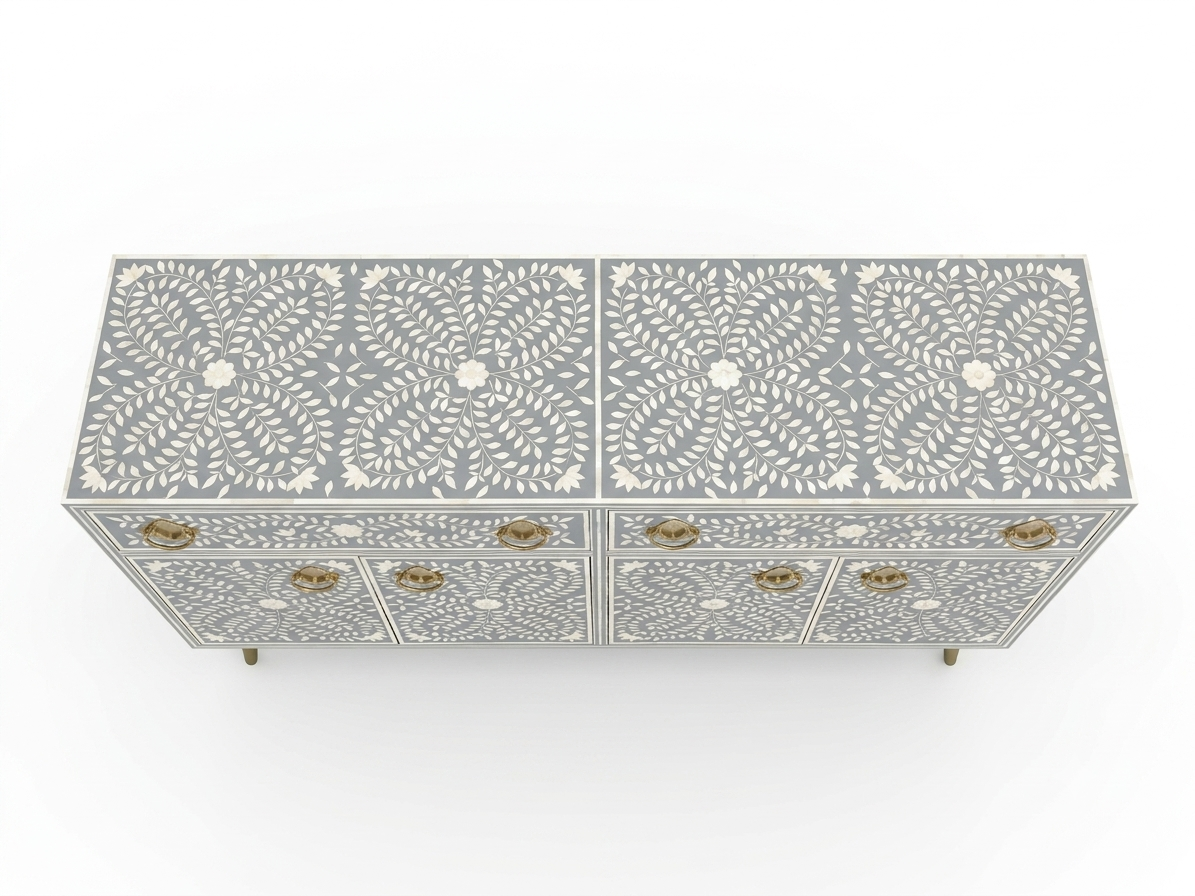 Grey Bone Inlay 2 Drawer 4 Door Buffet Cabinet with Brass Handles