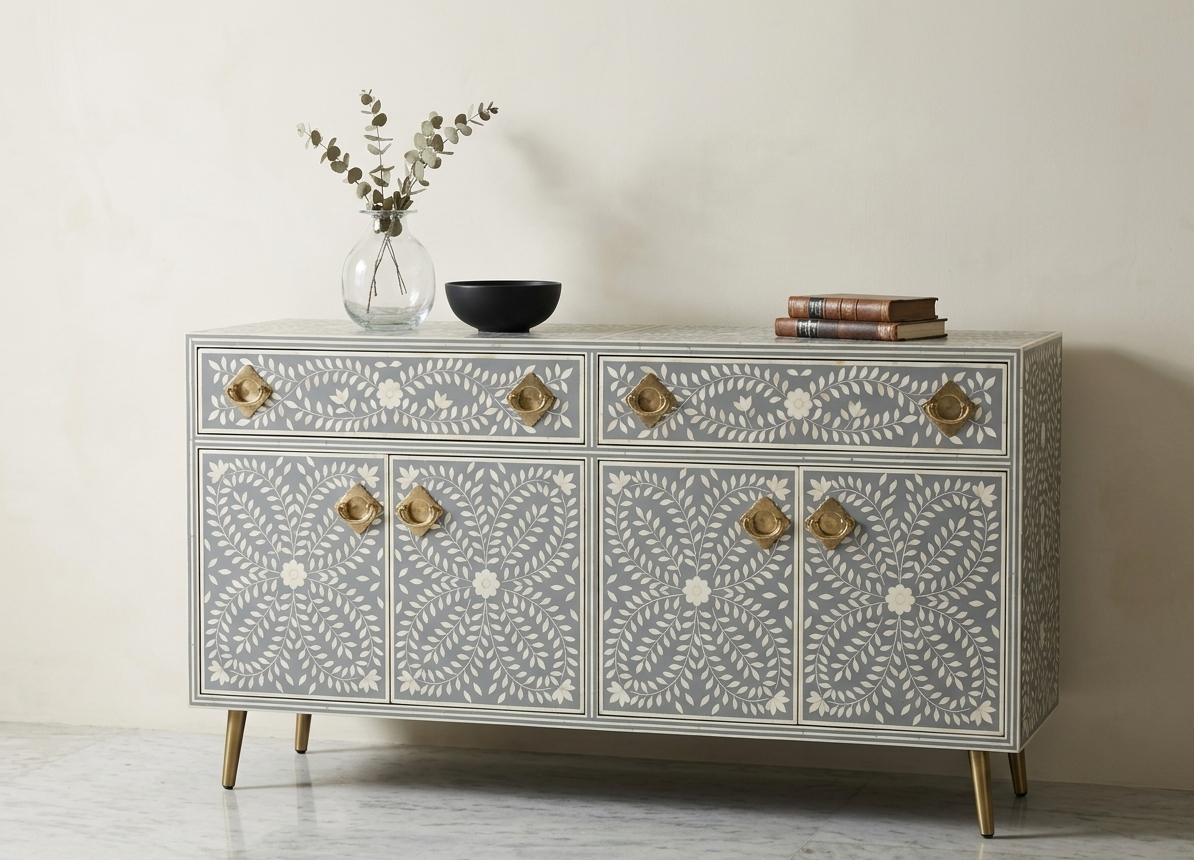 Grey Bone Inlay 2 Drawer 4 Door Buffet Cabinet with Brass Handles