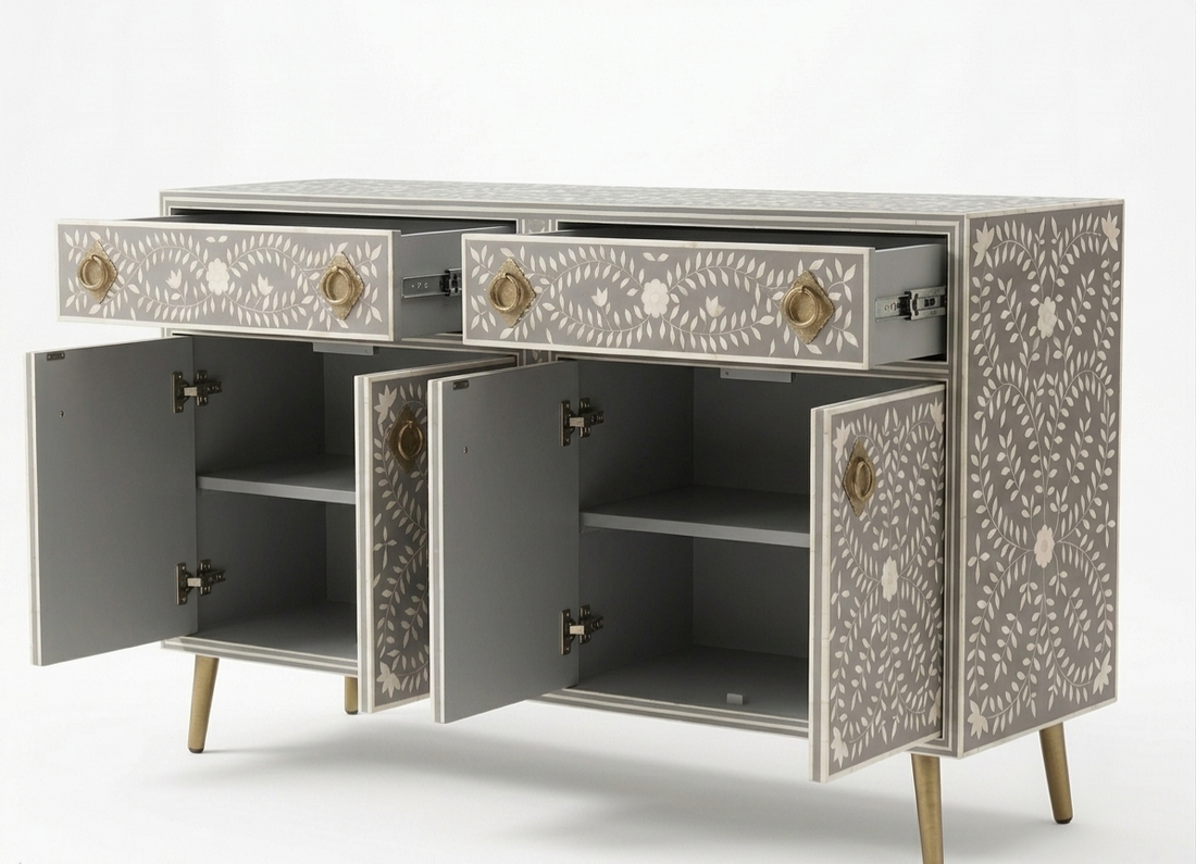 Grey Bone Inlay 2 Drawer 4 Door Buffet Cabinet with Brass Handles