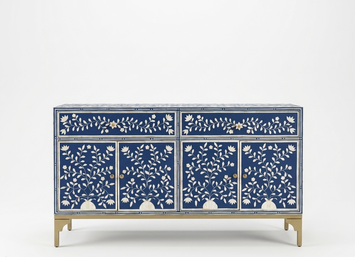 Blue Bone Inlay 2 Drawer 4 Door Buffet Cabinet with Floral Design