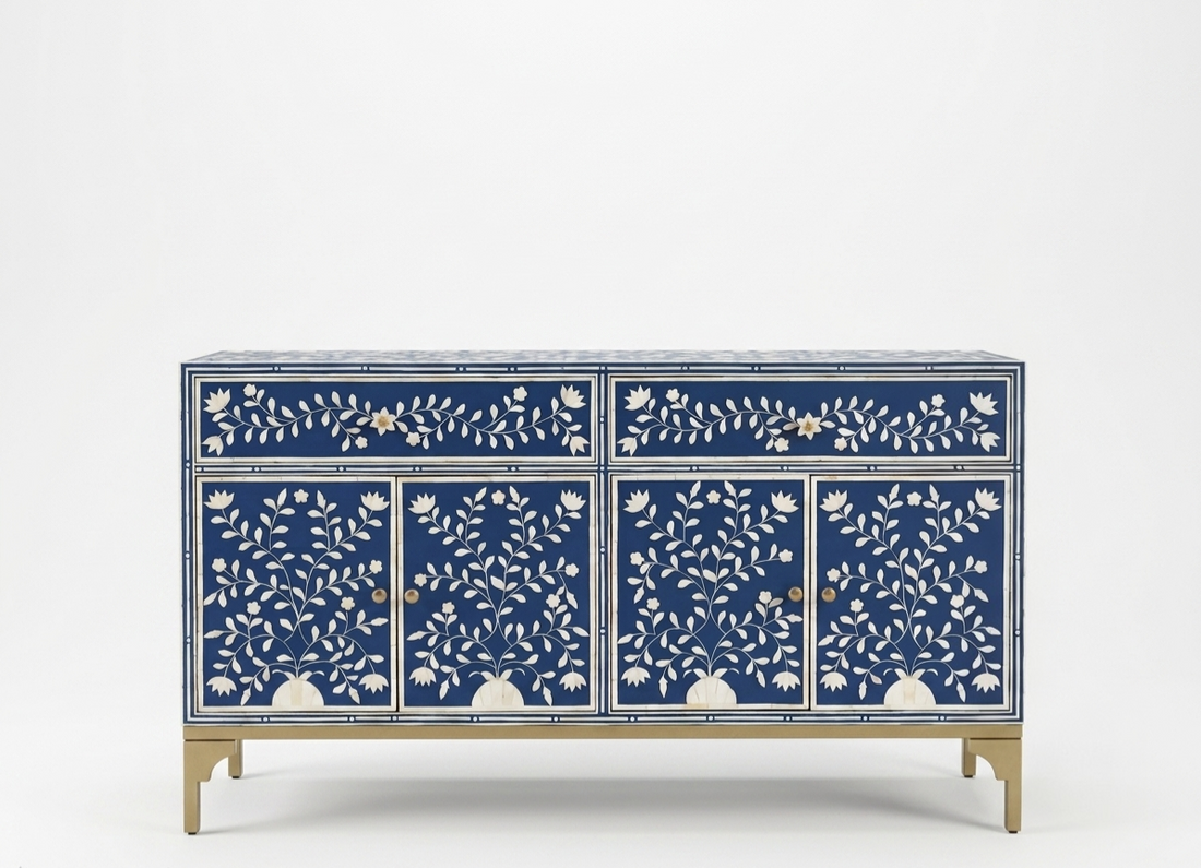 Blue Bone Inlay 2 Drawer 4 Door Buffet Cabinet with Floral Design