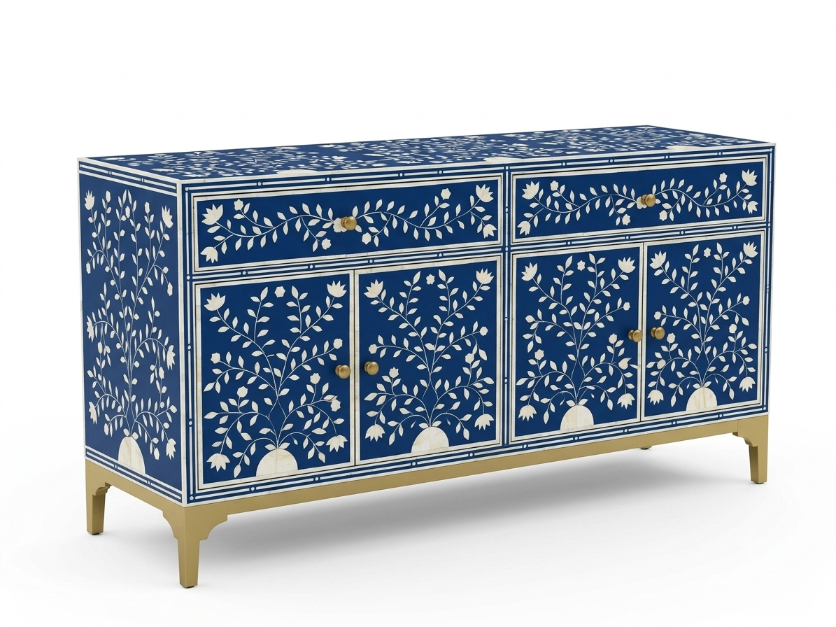 Blue Bone Inlay 2 Drawer 4 Door Buffet Cabinet with Floral Design