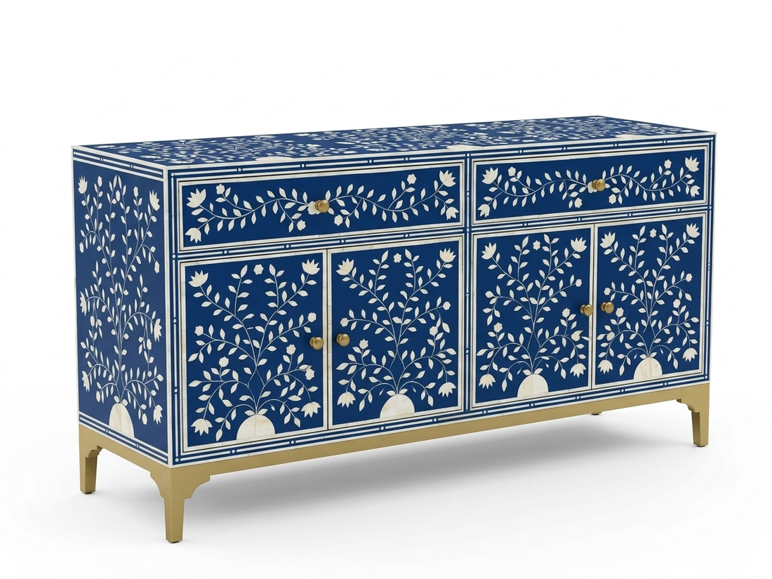 Blue Bone Inlay 2 Drawer 4 Door Buffet Cabinet with Floral Design