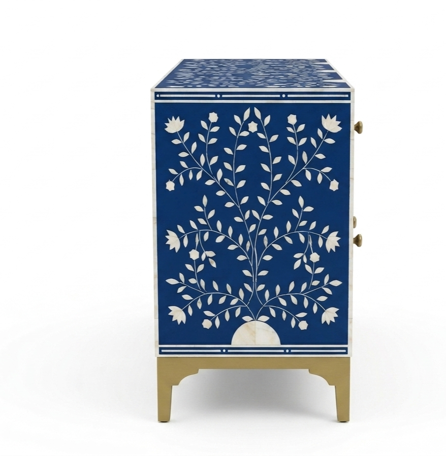 Blue Bone Inlay 2 Drawer 4 Door Buffet Cabinet with Floral Design