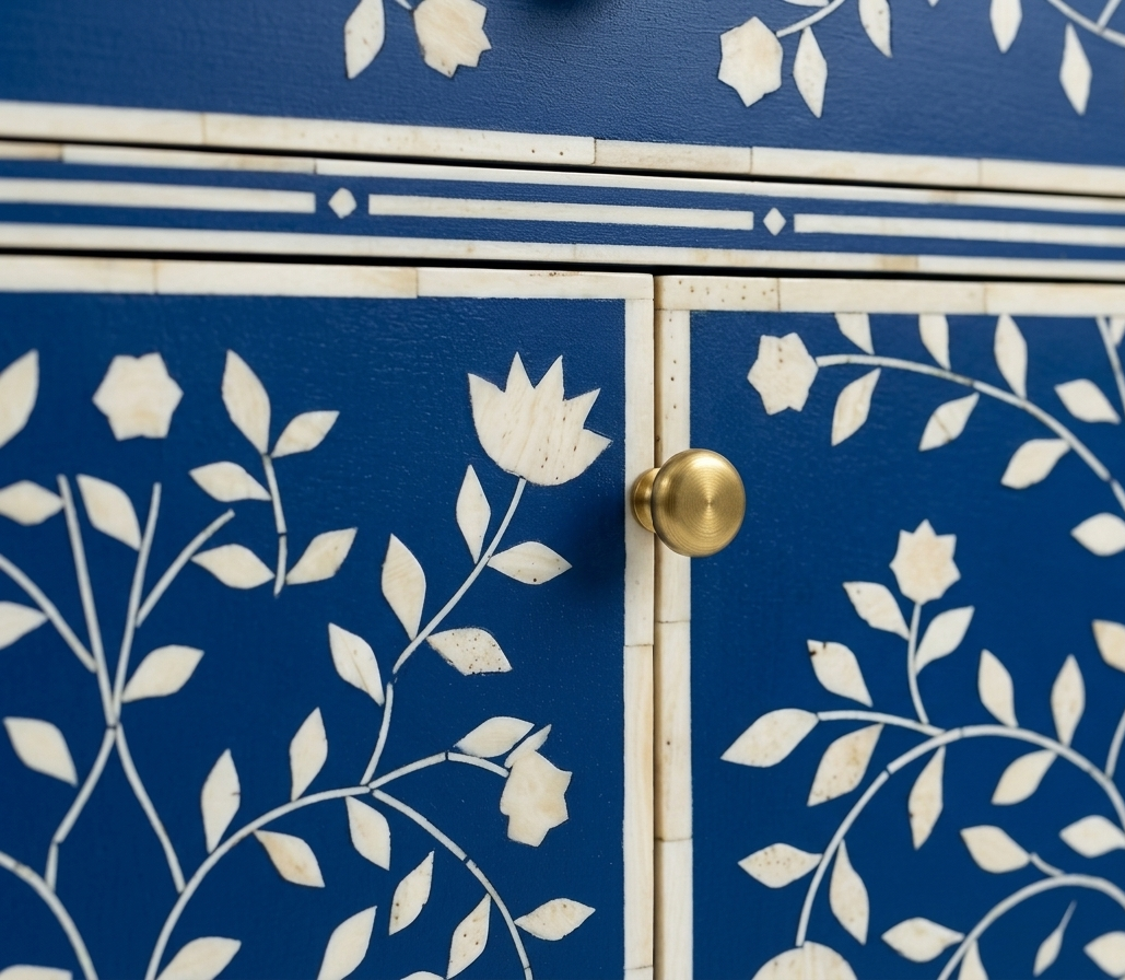 Blue Bone Inlay 2 Drawer 4 Door Buffet Cabinet with Floral Design