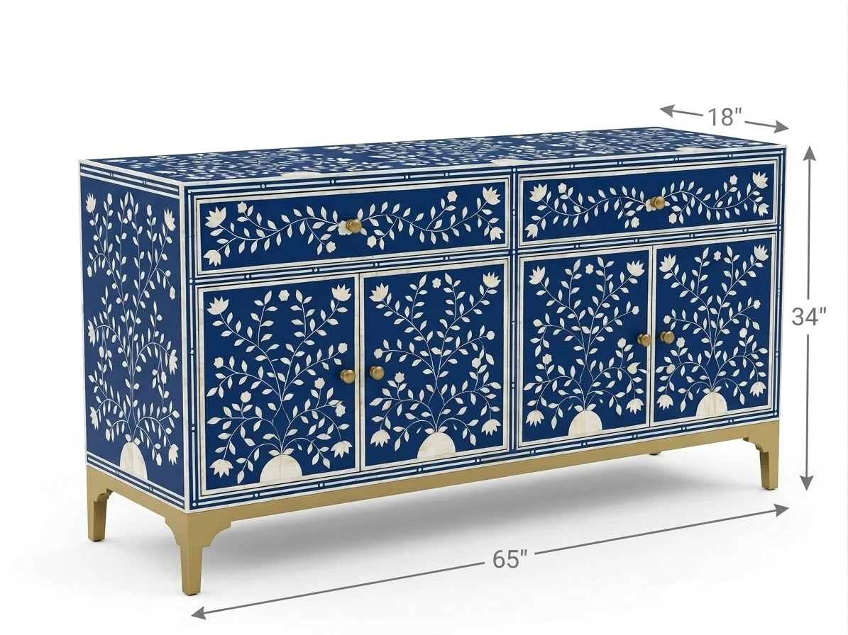 Blue Bone Inlay 2 Drawer 4 Door Buffet Cabinet with Floral Design