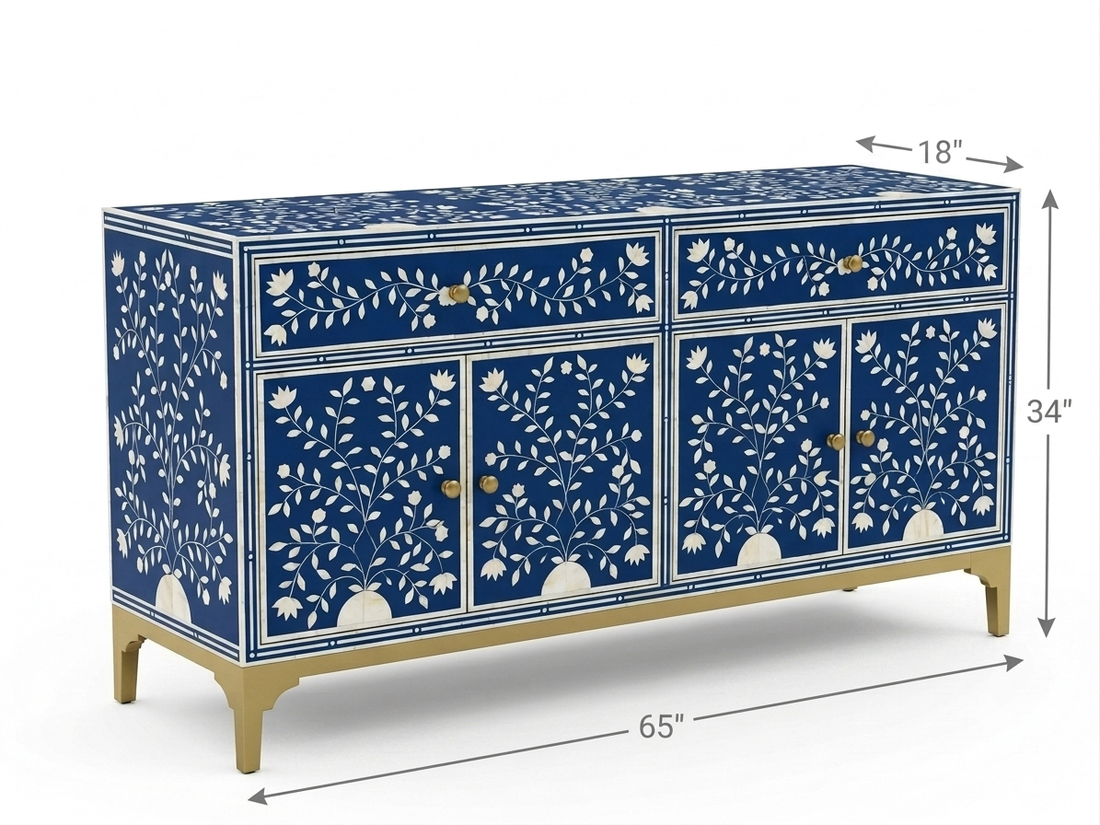 Blue Bone Inlay 2 Drawer 4 Door Buffet Cabinet with Floral Design