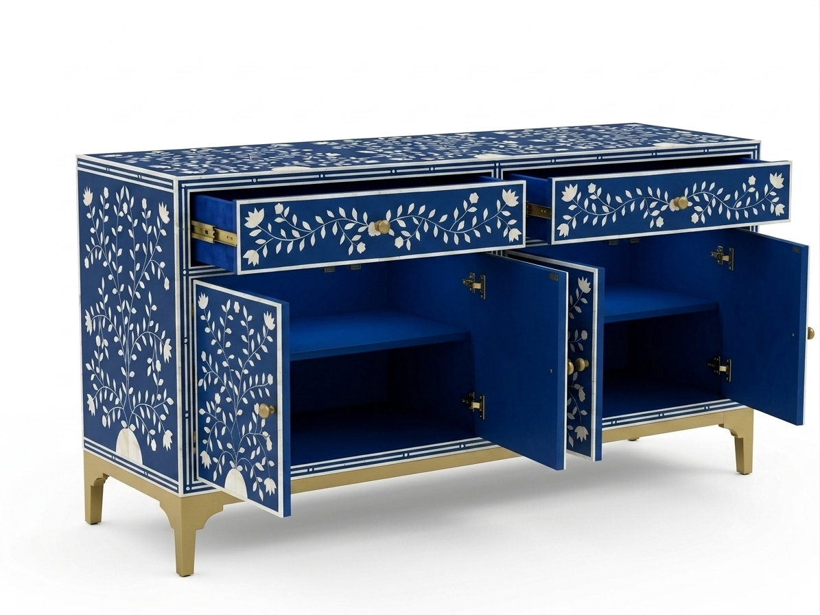 Blue Bone Inlay 2 Drawer 4 Door Buffet Cabinet with Floral Design