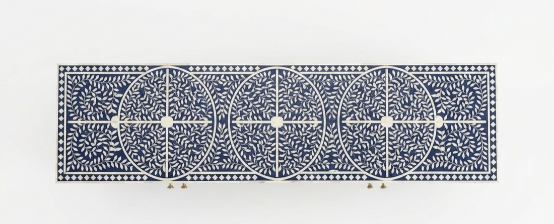 Bone Inlay Blue & White Floral 4-Door TV Unit Media Cabinet
