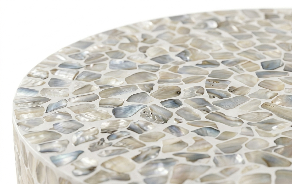 White Mother of Pearl Inlay Round Coffee Table with Brass Base