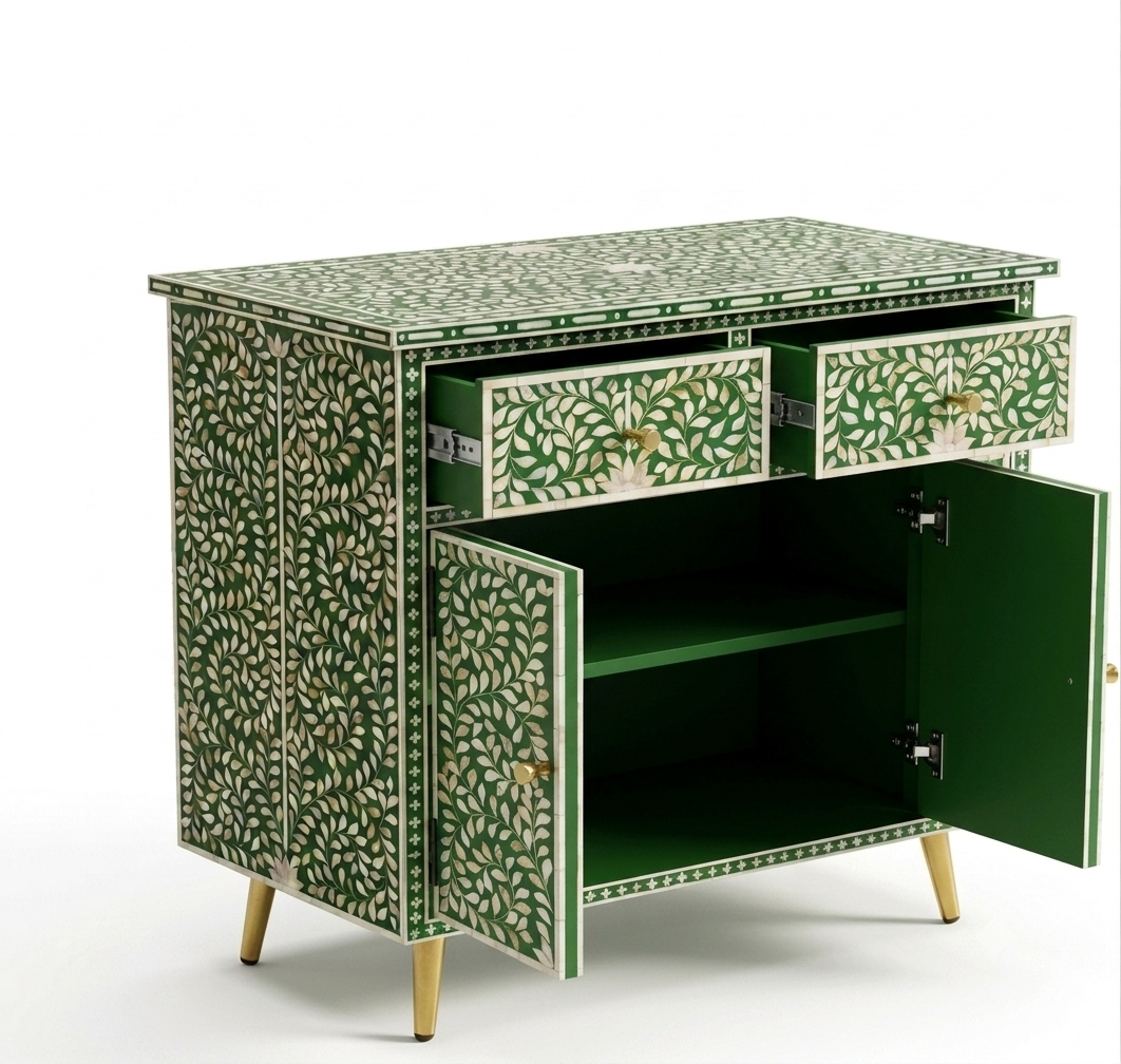 Mother of Pearl Inlay Green & White 2 Drawer 2 Door Cabinet