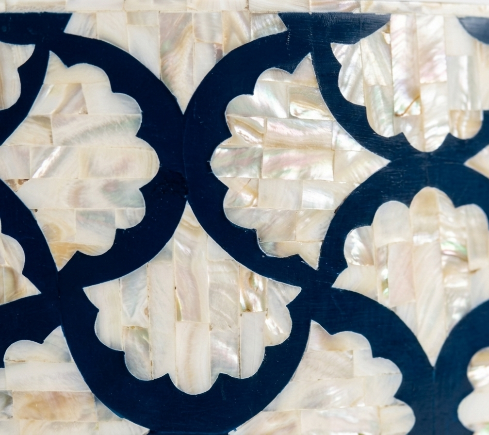Blue Mother of Pearl Inlay Coffee Table – Floral Design with Brass Base