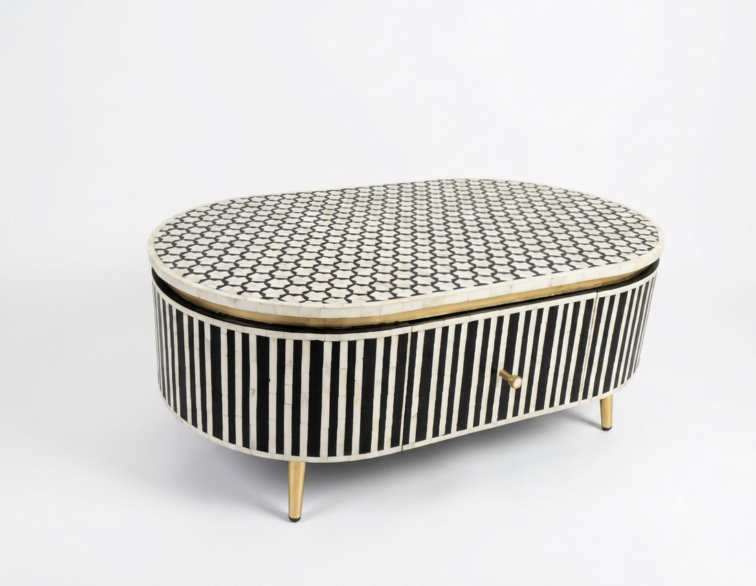 Bone Inlay Black & White Oval 2-Drawer Coffee Table