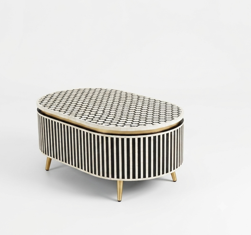 Bone Inlay Black & White Oval 2-Drawer Coffee Table