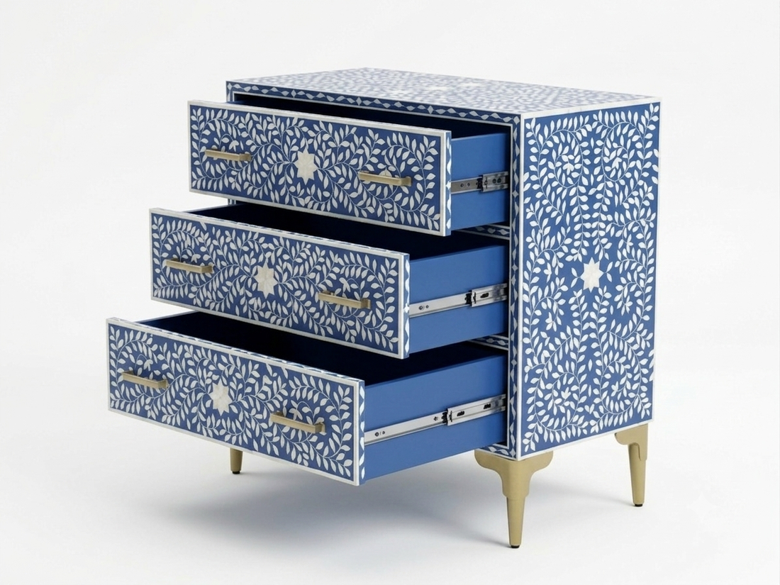 Blue & White Bone Inlay 3 Drawer Chest | Handmade Floral Chest of Drawers