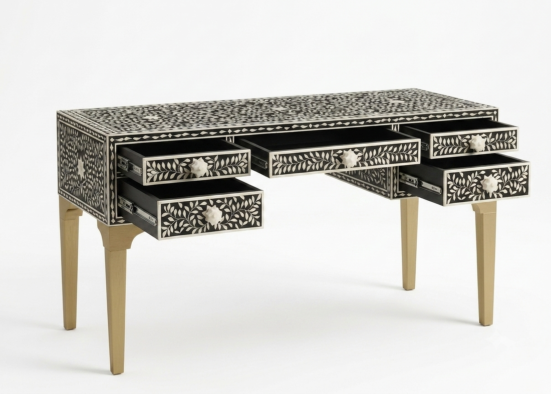 Bone Inlay Black & White 5 Drawer Writing Desk – Powder-Coated Legs