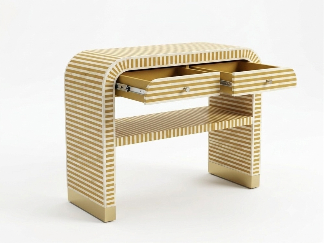 Bone Inlay Yellow 2-Drawer 1-Shelf U-Shaped Console Table with Brass Base