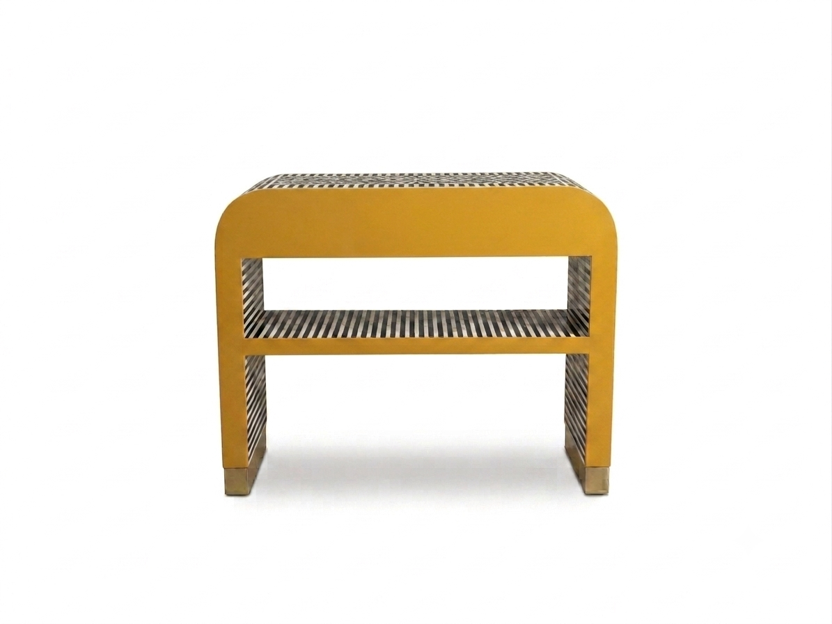 Bone Inlay Yellow 2-Drawer 1-Shelf U-Shaped Console Table with Brass Base