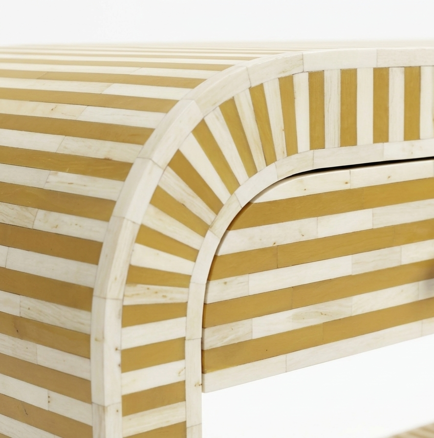 Bone Inlay Yellow 2-Drawer 1-Shelf U-Shaped Console Table with Brass Base