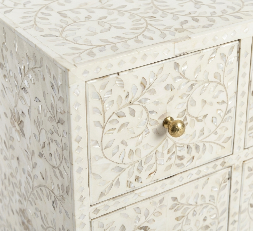 White Mother of Pearl Inlay 9 Drawer Dresser Chest with Floral Design