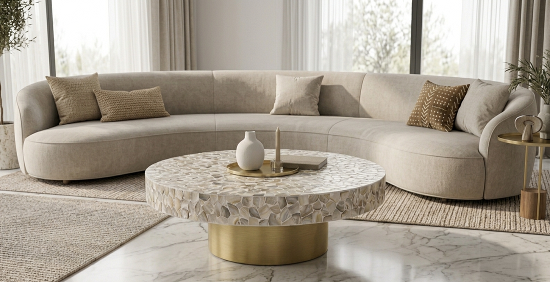 White Mother of Pearl Inlay Pattern Round Coffee Table with Brass Base