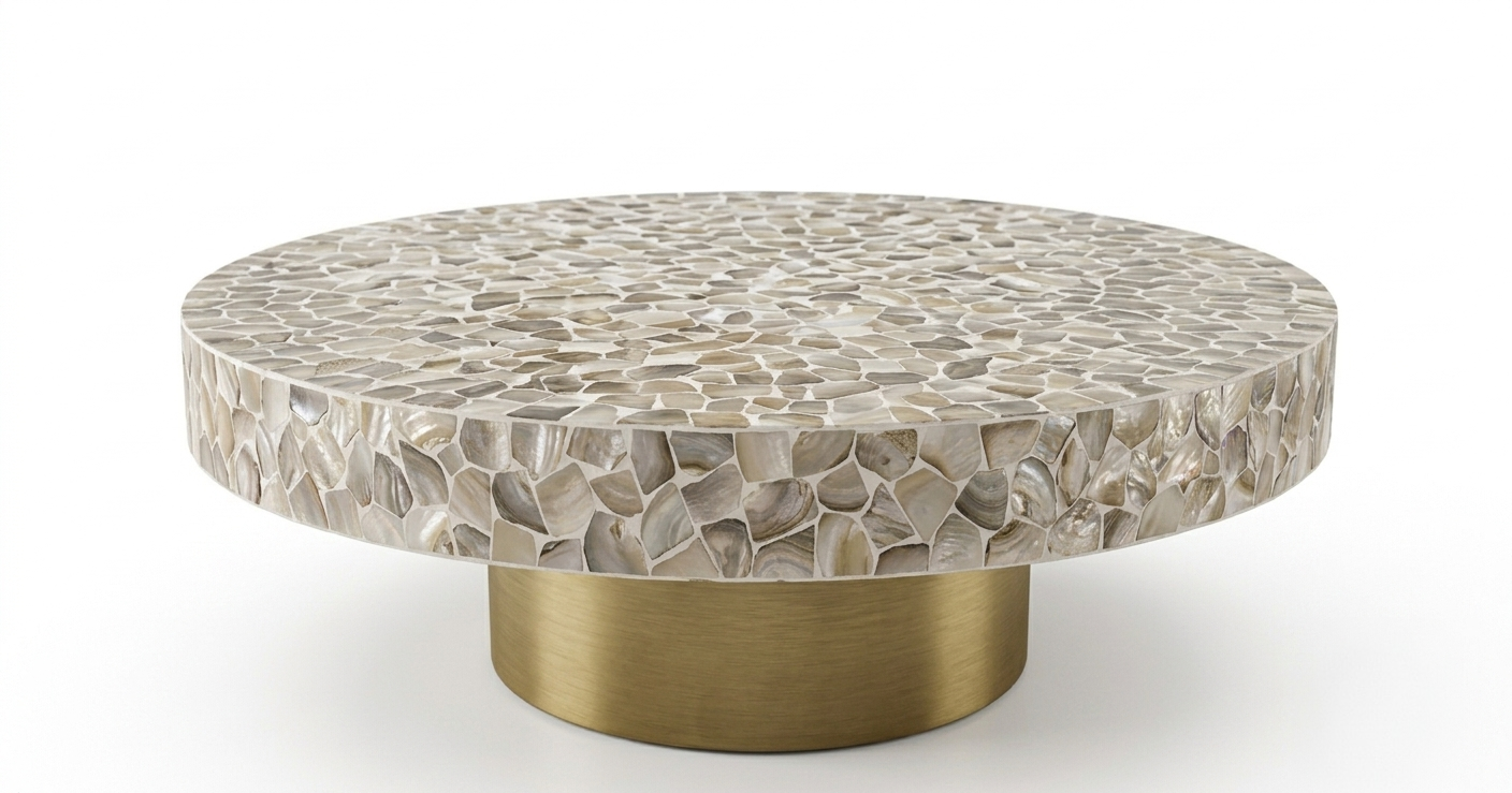 White Mother of Pearl Inlay Pattern Round Coffee Table with Brass Base