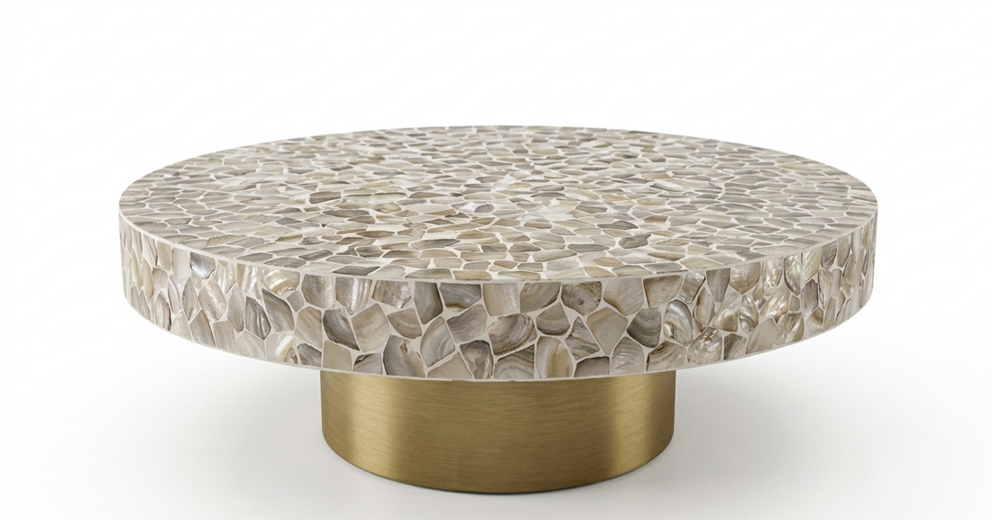 White Mother of Pearl Inlay Pattern Round Coffee Table with Brass Base