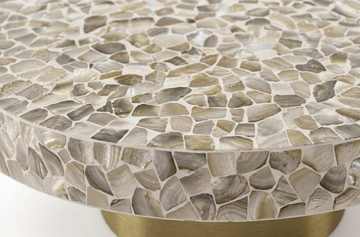 White Mother of Pearl Inlay Pattern Round Coffee Table with Brass Base
