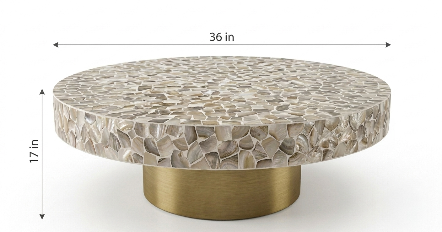 White Mother of Pearl Inlay Pattern Round Coffee Table with Brass Base