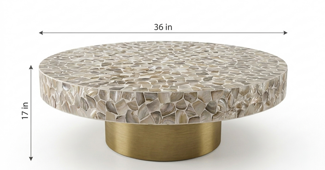 White Mother of Pearl Inlay Pattern Round Coffee Table with Brass Base