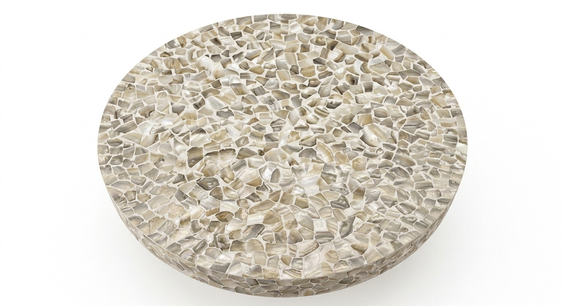 White Mother of Pearl Inlay Pattern Round Coffee Table with Brass Base