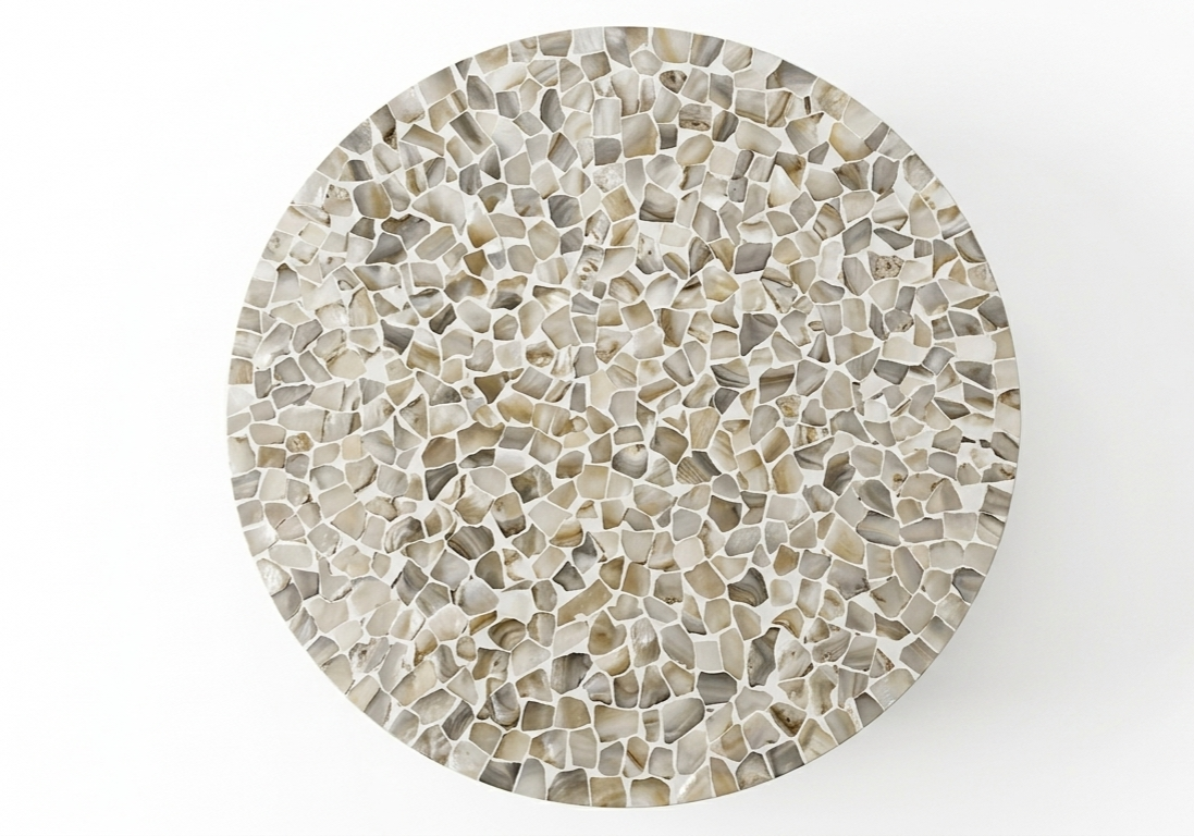 White Mother of Pearl Inlay Pattern Round Coffee Table with Brass Base