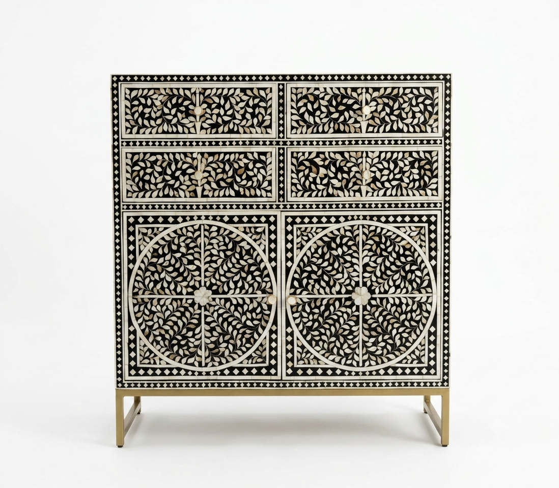 Mother of Pearl Inlay Black & White 4-Drawer 2-Door Cabinet