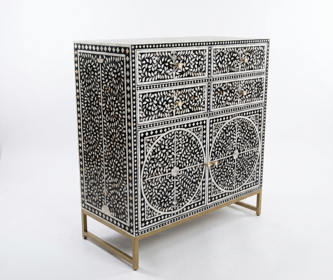 Mother of Pearl Inlay Black & White 4-Drawer 2-Door Cabinet