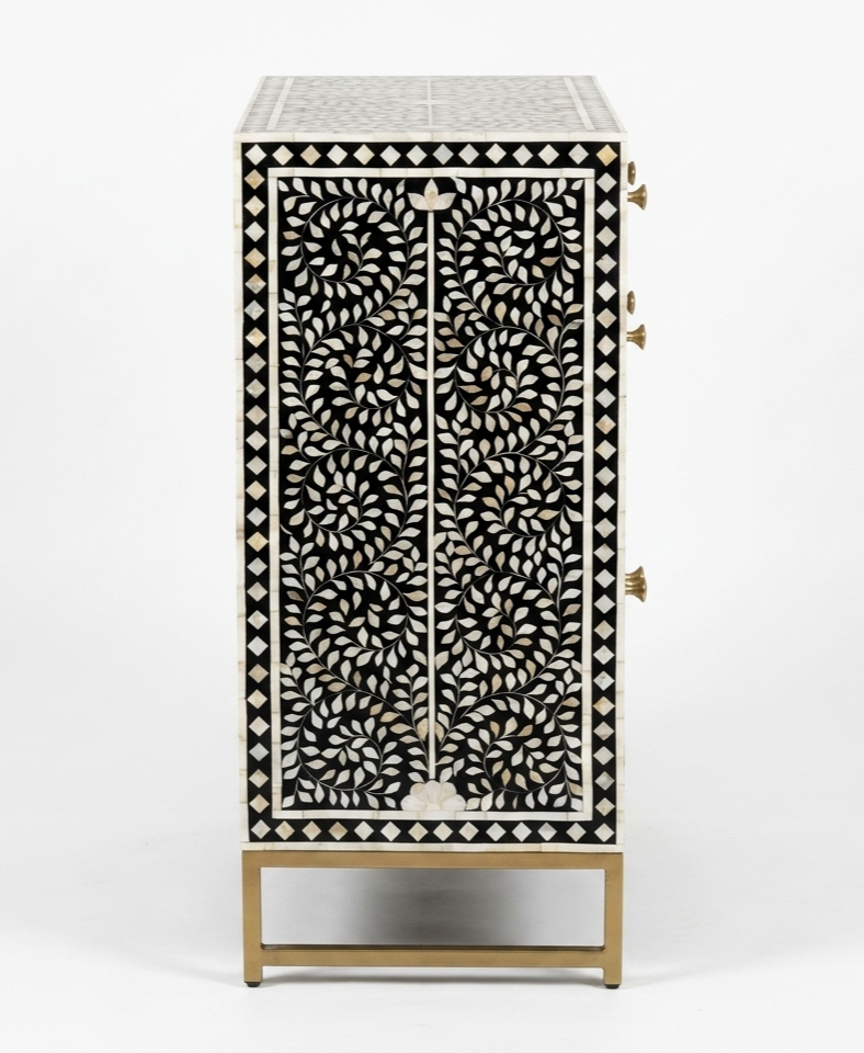 Mother of Pearl Inlay Black & White 4-Drawer 2-Door Cabinet